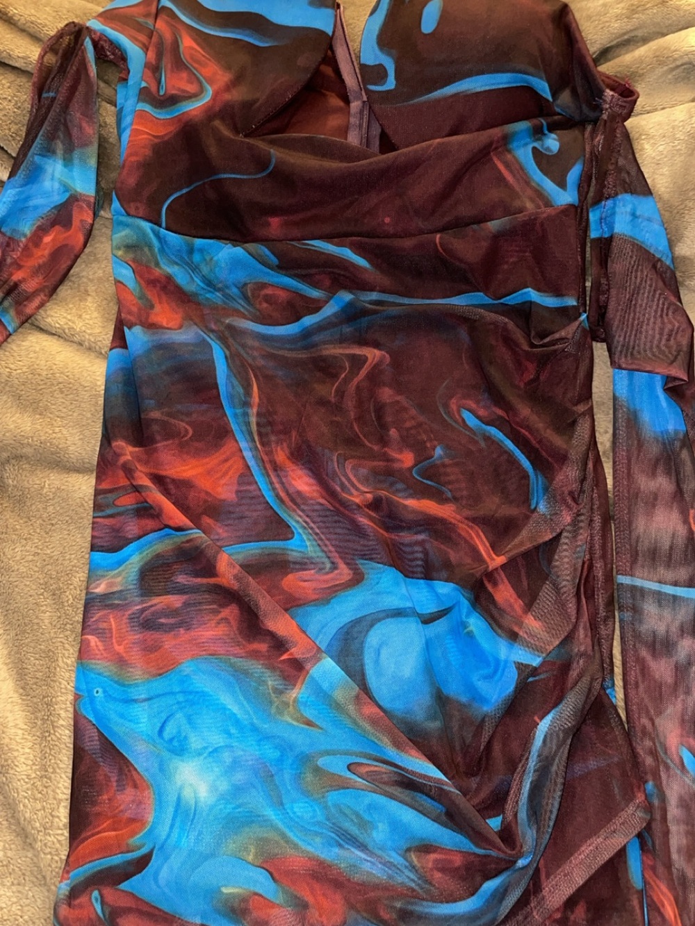 Fashion Nova Mesh Mini Dress in Blue and Brown Swirl